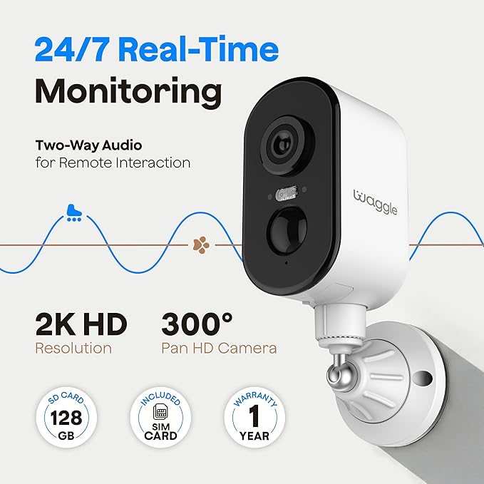 Waggle 4G LTE Cellular Security Camera, Built in SIM Card, 2K HD Pet Monitor, 300° Pan, No WiFi, 9000mAh Battery, Night Vision & 2-Way Talk - RVs/Camping/Travel & Outdoor - Subscription Required