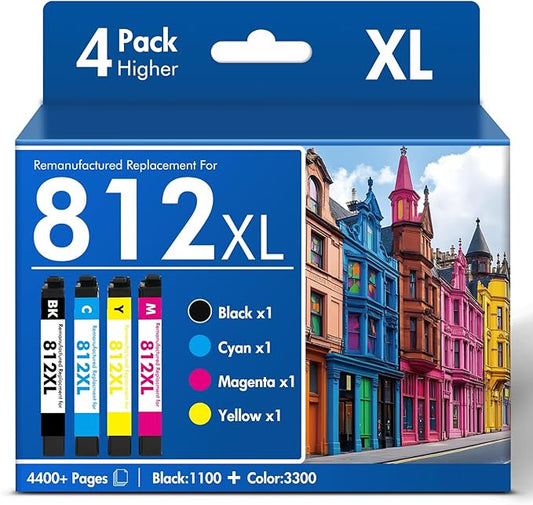 812XL 812 WF-7840 Ink Cartridges Combo Pack Remanufactured for Epson 812XL 812 XL Ink for Epson Workforce Pro WF-7820 WF-7840 WF-7310 WF 7820 7840 7310 EC-C7000 Printer,4 Pack (BK/C/M/Y)