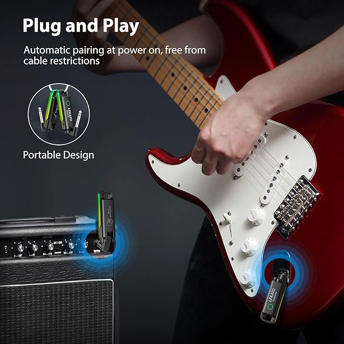 LEKATO Wireless Guitar System UHF Wireless Guitar Transmitter Receiver Rechargeable Audio Wireless Guitar Transmitter and Receiver with 70 Channels Wireless for Guitar Bass Electric Instruments-Green