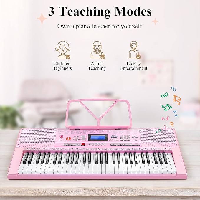 Eastar Electronic Keyboard Piano Kit 61 Key for Beginner, Children Digital E Piano with Stand, Bench, Music Stand and Microphone, Pink, Musical Instrument Birthday Gifts for Kids Girls Daughter