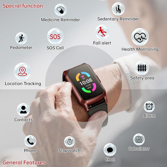 Senior GPS Smart Watch with Fall Detection - 4G LTE Elderly Smartwatch with Real-Time Location, SOS Alerts, and IP67 Waterproof - Ideal for Dementia/Alzheimer’s Safety (Matte Red)