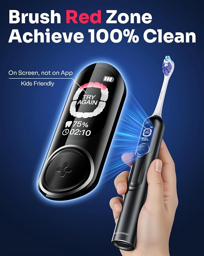SAKYPRORAL AI Electric Toothbrush w/ 6 Brush Heads, Smart Sonic Toothbrush for Adults Kids Teens, 150-Day Rechargeable Battery, Whitening Real-Time Brushing Map, Travel Case (G5S) (Black-6p)
