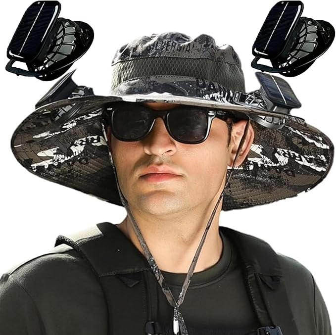 Solar Fan Hat, Wide Brim Sun Hat with 2 Solar Fan, Hat with Solar Fans Built in, Fishing Hat with Fan for Men, Waterproof Outdoor Hiking Camping Fishing