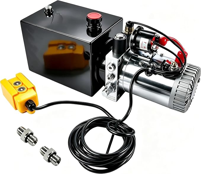 6 Quart Metal Reservoir, Single Acting, 12V DC Steel Hydraulic Pump Power Unit, 2 GPM Flow Rate, 3200 PSI Max Pressure, SAE #6 Ports for Dump Trailers, Car Lifts, DIY Hydraulic Systems