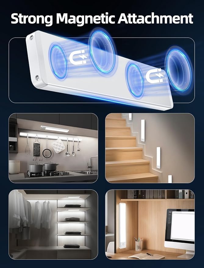 Under Cabinet Rechargeable Lighting: 8 Inch Motion Sensor Dimmable Lights Indoor - Battery Operated Lights - Wireless Closet Light Magnetic Led Light for Kitchen Home Bathroom Counter 4 Pack