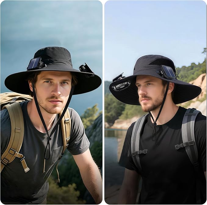 Solar Fan Hat, Wide Brim Hat with 2 Removable Fans Solar Power, Sun Bucket Fishing Hat for Men Women Outdoor Hiking Camping Gardening, UPF 50+ Sun Protection Waterproof Black