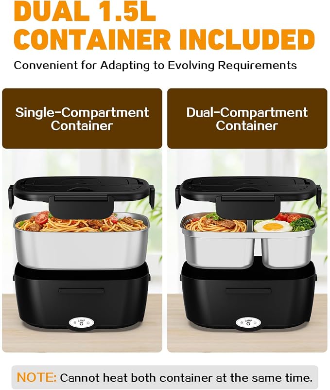 80W Electric Lunch Box Food Warmer for Car/Truck/Office, 110V/24V/12V Portable Heated Lunch Box for Adults, Dual 1.5L Stainless Steel Containers, Leak-Proof & Fast Heating, 3-in-1 Design
