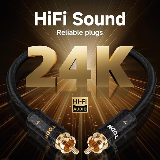 TODN HiFi Silver-Plated RCA Cables 3ft Audiophile Dual Shielded for CD/Amp | 2-core Silver-plated-OCC+2-core-OCC, 24K Gold-plated Plug, Carbon Fiber Shell, RCA to RCA, Left and Right Channel