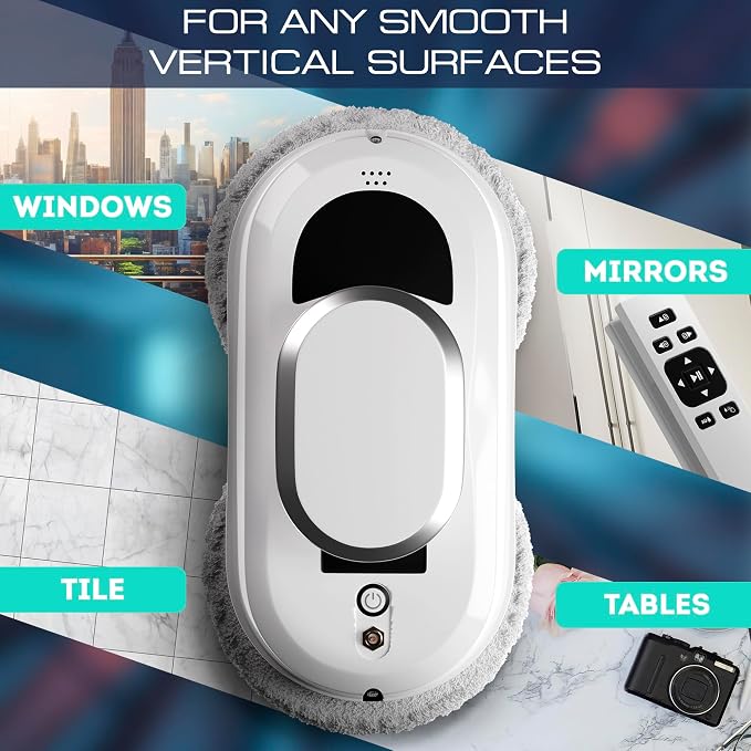 APQ Supply White Automatic Window Cleaner Robot W100, 11.8 x 5.9 x 4.7 Inch, 3 Cleaning Modes, 10 Cloth Pads, Window Glass Vacuum Cleaner, Quiet 72dB