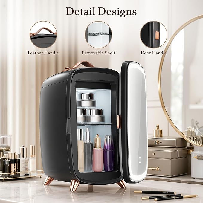 Electactic Mini Skincare Fridge with Dimmable LED Mirror, 6L Makeup Fridge Holds 8 Cans, 7° Lean-Back Mirror Design, Portable Cosmetic Refrigerator for Skincare, Beauty Products & Drinks, Black