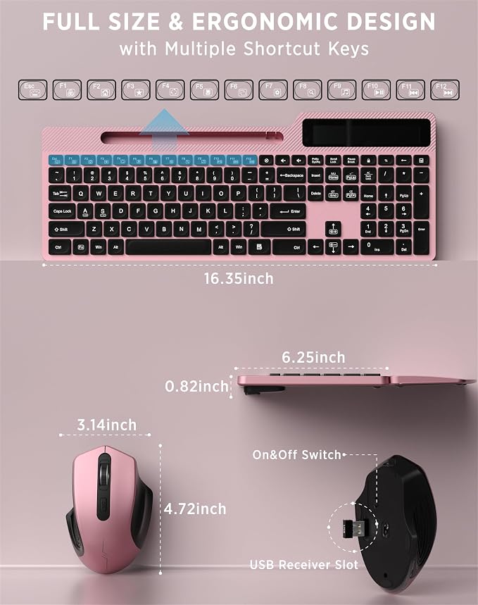 Wireless Keyboard Mouse Combo, Full Size Quiet Ergonomic Keyboard with Calculator, Backlit, Wrist Rest, Phone Holder, 2.4Ghz Silent Rechargeable Keyboard & Mouse for Laptop, PC, Windows (Pink Black)