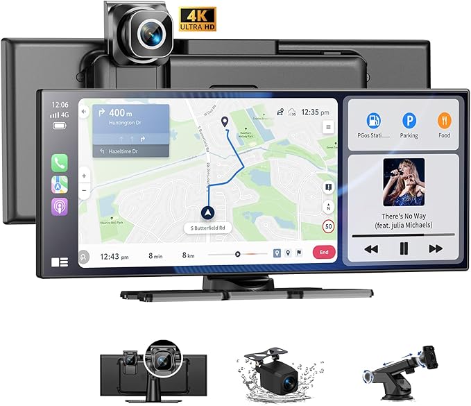 11.5" Largest Wireless Carplay HD Screen for Carplay & Android Auto Car Stereo with 4K Dash Cam 1080P Backup Camera, GPS Navigation/Bluetooth/Mirror Link/Voice Control/AUX/FM/Siri