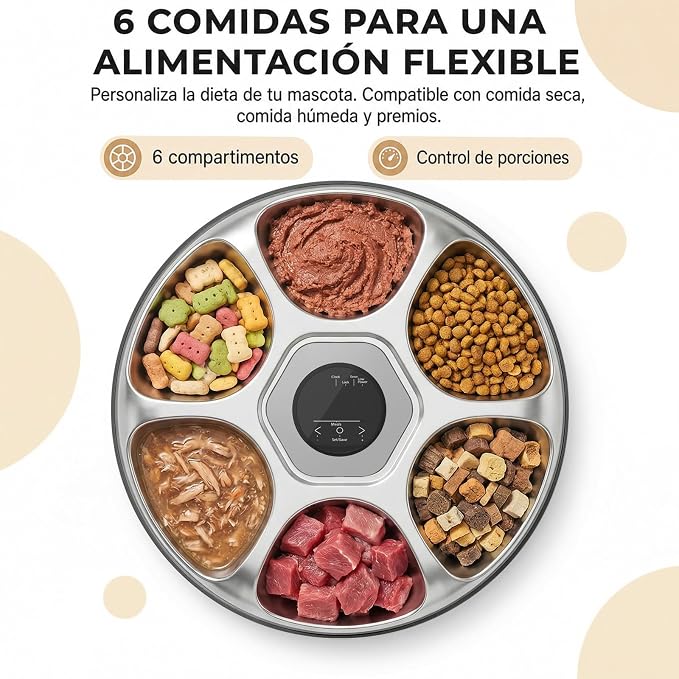 Ownpets 6 Meals Automatic Cat Feeder for Wet/Dry Food, with 2 Ice Packs, Programmable Timed Pet Feeder, Cordless Rechargeable Battery Auto Feeder for Cats/Small Dogs (Black)