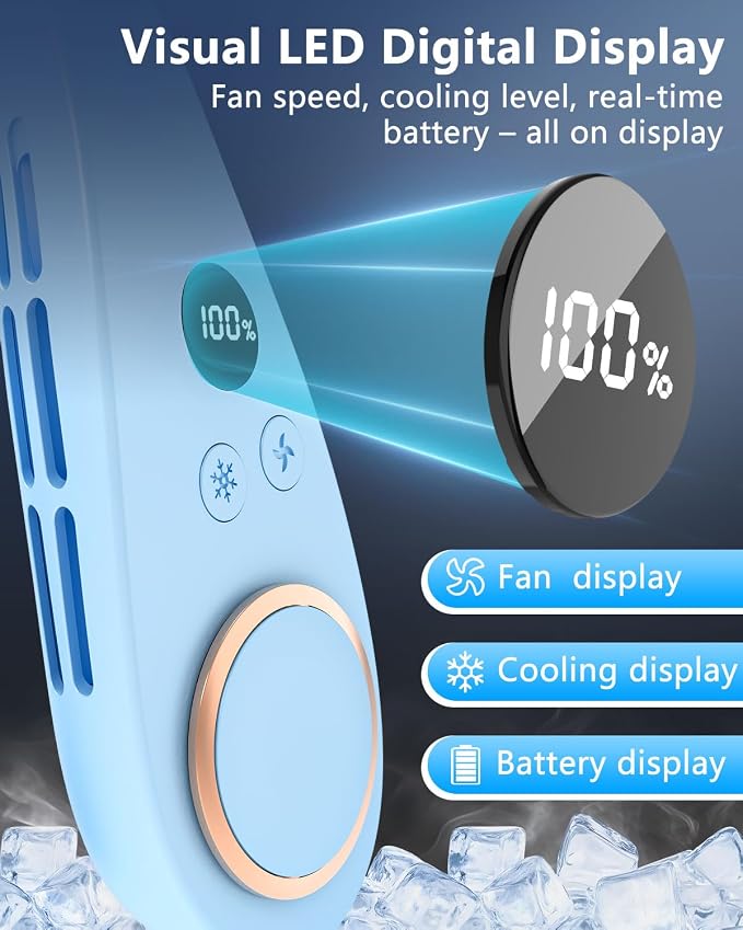 AJGJF Neck Fan Air Conditioner,Whisper Quiet Operation, 5500mAh Battery Powered,5 Speeds, 3 Cooling, LED Display Power & Gear, No Hair Twisting, USB-C Portable Neck AC for Home Office Outside