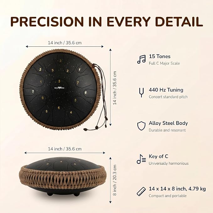 Balmy Drum Steel Tongue Drum 14 inch 15 Notes 440Hz, Handpan Drum with Music Book, Mallets, Carry Bag, Finger Picks, Rain Drum for Outdoor, Meditation Yoga Calming Instruments for Adults Kids (Black)