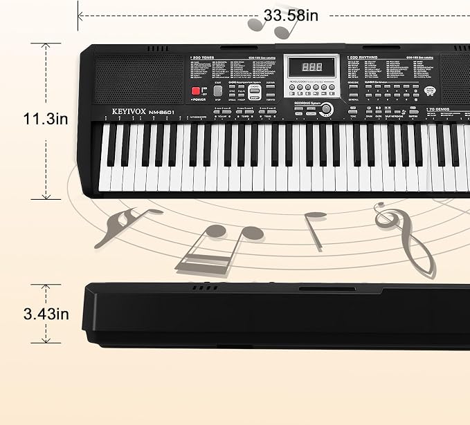 33" 61-Key Electronic Keyboard Piano for Beginners with 200 Tones & Rhythms, Microphone, Learning Features, and Piano Note Stickers, Digital Music Keyboard for Adults