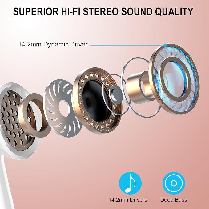 Wireless Earbuds, Bluetooth 5.4 Headphones, 48H, Stereo Ear Buds, LED Display Earphones with Mic, IP7 Waterproof In EarBud, Comfort Fit, Bluetooth Earbuds for Phone Android iOS, Sport, Walk, ose Gold