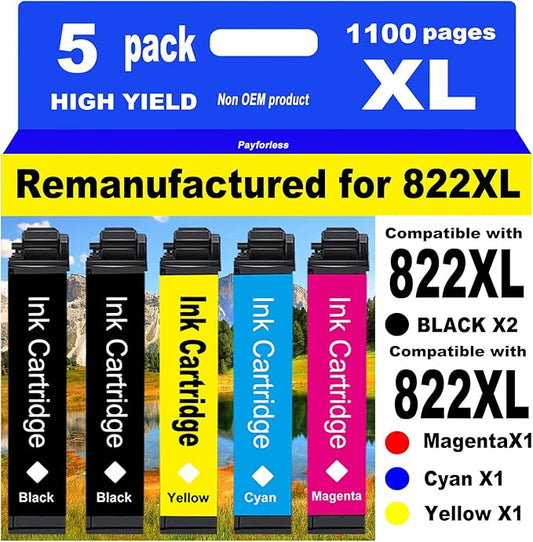 PayForLess Remanufactured Ink Cartridges Replacement for Epson 822XL Ink Cartridges for 822 XL T822 Workforce Pro WF-3820 WF-3823 WF-4820 WF-4830 WF-4833 WF-4834 Printer 5 Pack