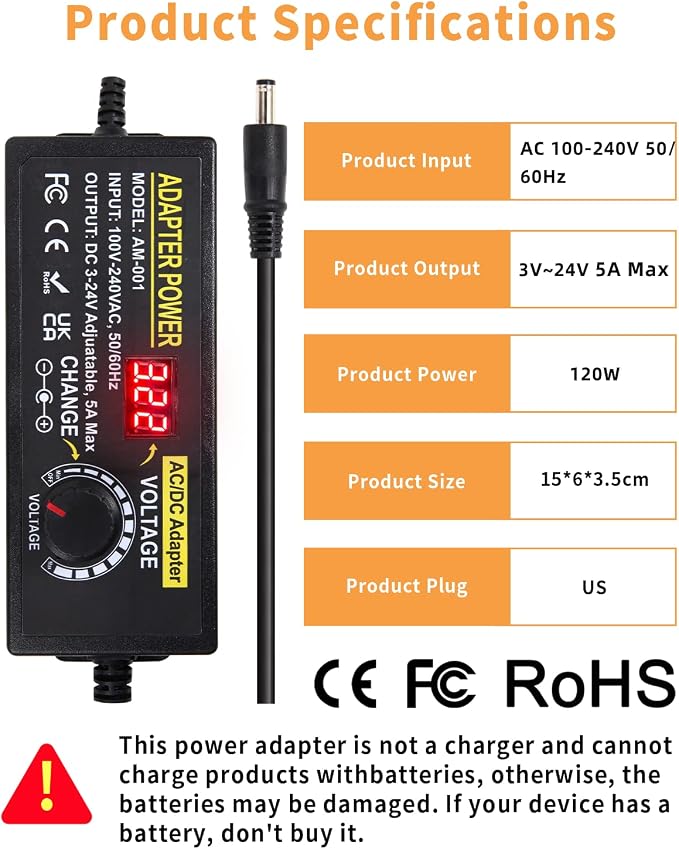 3V~24V 120W 5A Adjustable DC Power Supply AOYADAISU Universal Power Adapter with 14 Tips & Polarity Converter, 100-240V 50-60Hz Variable AC to DC Power Converter for LED Strip Light Camera 5000mA