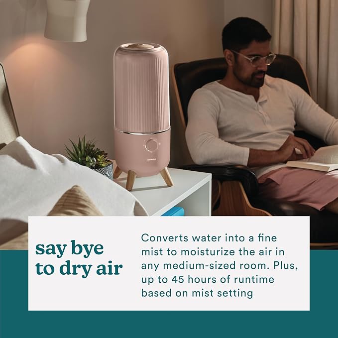 Homedics Ultrasonic Humidifier, Bedrooms and Home Offices, 0.97-Gallon Tank, 45-Hour Runtime, Visible Ultra-Quiet Cool Mist, Aromatherapy, Demineralization Cartridge, Night-Light, Auto-Off, Taupe