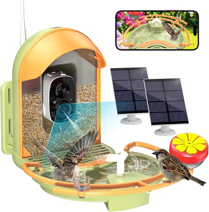 Bird Feeder with Camera, Smart Birdfeeder with Cam Solar Powered, 2K HD Video, AI Identification, Instant Arrival Alerts, IP66 Bird Bath & Feeder,Gift for BirdLover (with Pump, Green)
