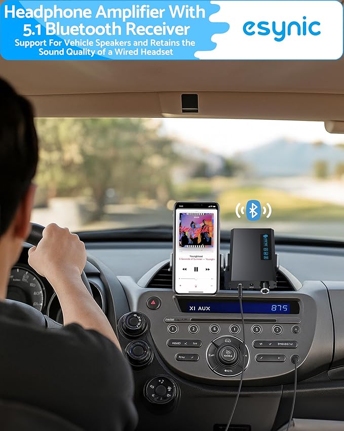 eSynic Bluetooth 5.1 Receiver Headphone Amplifier Portable-1500mAH Rechargeable 3.5MM Headphone Amp-16-300Ω-Two-Stage Gain Switch-Compact-Aluminum Matte Surface-for Phone/Car Aux/CD Players