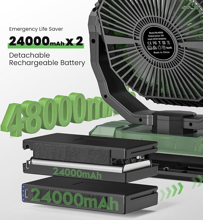 Rechargeable Fan with Detachable Battery - 48000mAh(127H Working) Camping Fan Portable, Battery Powered Fans with Hook, Timers, Ventilador Recargable for Tent, Travel, Gifts for Men Dad, Green