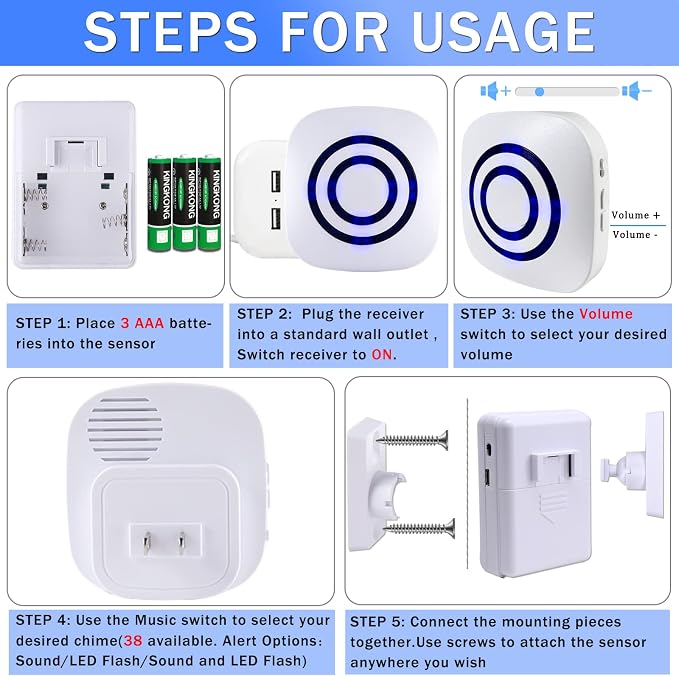 Motion Sensor Alarm,Wireless Driveway Alarm Indoor Home Security Business Detector Alert System -Monitor&Protect Property - 2 Receiver and 3 PIR Sensor-38 Chime Tunes