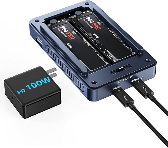 ACASIS 40Gbps M.2 NVMe SSD Enclosure, Cooling Fan, Compatible with Thunderbolt 4/3/USB4, Tool-Free, Aluminum Dock Dual Monitor, Support Software RAID, 2 USBC 40Gbps for M1/M2/Windows