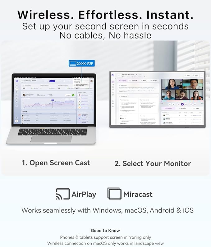 MAGICRAVEN Wireless Portable Monitor for Laptop, 18.5" Portable Monitor with Battery-1080P FHD Second Screen for Home & Office, AirPlay & Miracast Casting, No Cables or Drivers Needed