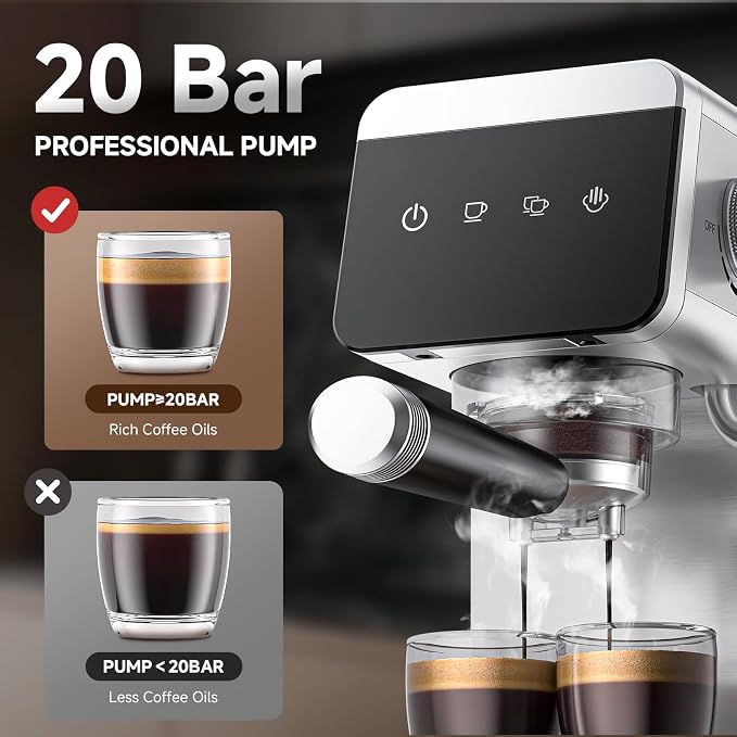 AMZCHEF Espresso Machine 20 Bar, Compact Coffee Maker with LED Touch Screen & Steam Milk Frother, Espresso Maker with 41oz Removable Water Tank for Home & Office, Coffee Machine for Cappuccino, Latte
