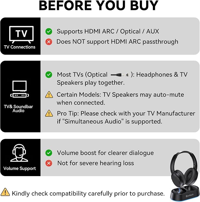 Swiitech Wireless Headphones for TV Watching with Charging Dock, 45H Playtime, Bluetooth 5.3, Clear Voice, No Audio Delay, Plug & Play Over-Ear Headset for Seniors
