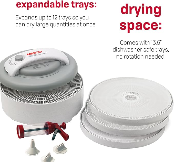 Nesco FD-61WHCK Snackmaster Encore Food Dehydrator with Jerky Gun Kit for Great Snacks and Jerky, 6 Trays, Gray, 1 Count (Pack of 1),White