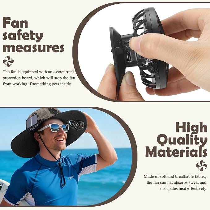Berlune Sun Hat with 2 Solar Fan Wide Brim Fishing Bucket Hat USB & Solar for Men Women UPF 50+ Cooling for Fishing Beach