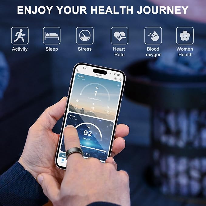 Smart Ring for Women Men,Fitness Tracker Ring with Sleep Monitor,Heart Rate,Blood Oxygen,Steps,Calories Tracker,IP68 Waterproof Smart Rings,5-7 Days Battery Life for iOS Android,No App Fee（Black,11）