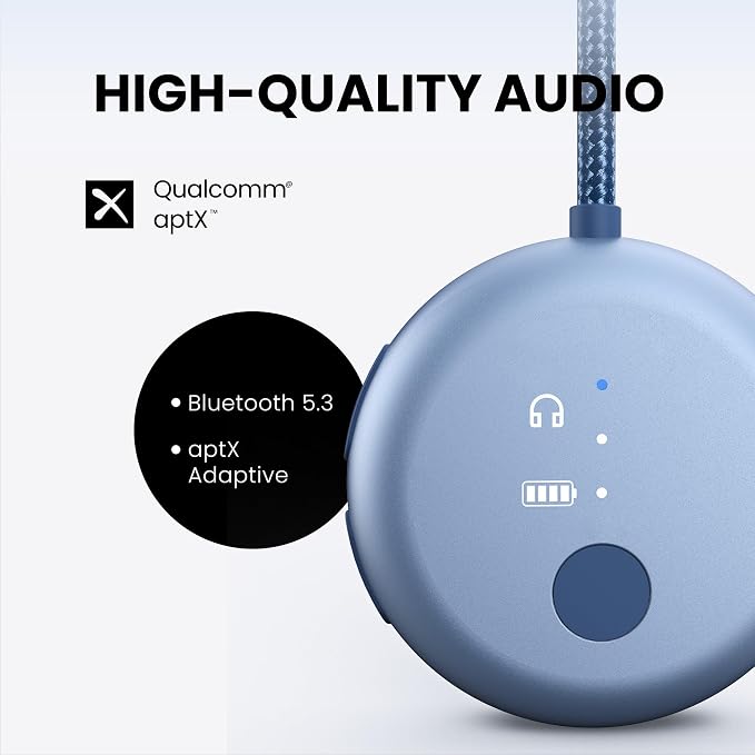 Avantree SoundJet R1 – 25Hr Airplane Bluetooth Adapter for All AirPods | Qualcomm Chipset & aptX Adaptive, Wireless Audio Transmitter for Flight Travel, Works with Bose & Other Headphones