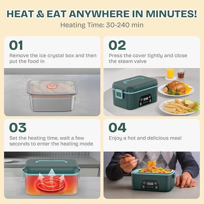 Cordless Heated Lunch Box, Smart Timer Automatic Heating Food Warmer for Adults, 5.5-Cup Portable Electric Lunch Container with Handheld Insulated Bag（Dark Blue）