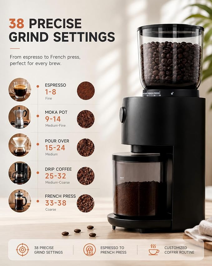 Coffee Grinder, Electric Burr Coffee Grinder with 38 Grind Settings for Espresso, Pour Over & French Press, Conical Burr Coffee Bean Grinder, One-Touch Operation, Easy Clean, Black