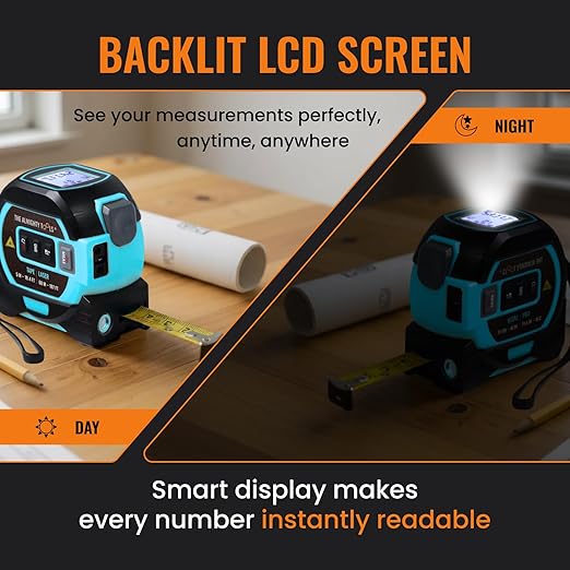 The Almighty Ruler Laser Tape Measure | Laser Distance Measurer, Heavy-Duty Tool with Cross Marking Feature, Smart Range Finder, Easy-Read Display, Ft & Metric Measurement | 196 ft | 65 yd | 60 m