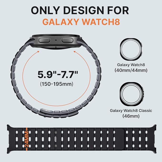 Bandletic Magnetic Silicone Band Compatible with Samsung Galaxy Watch 8 40mm 44mm / Watch 8 Classic 46mm 2025, No Gap Soft Breathable Replacement Strap for Men Women, Black/Gray