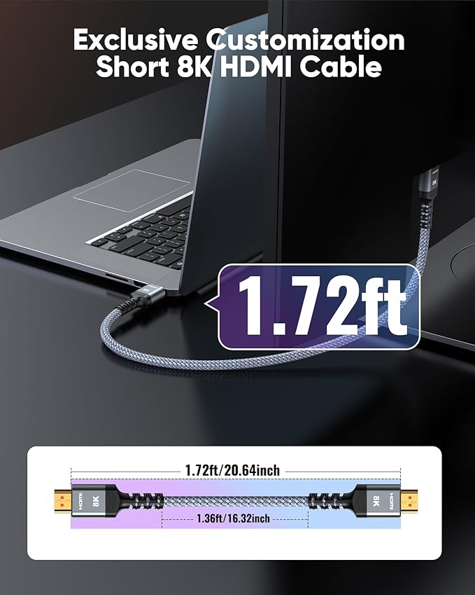 Highwings Extra Short 8K HDMI Cable 1.72ft Total Length, 1.36ft Cable Length, Ultra High Speed HDMI Braided Cord-4K@120Hz, 8K@60Hz,eARC, Compatible for PS5,Monitor,PC and More