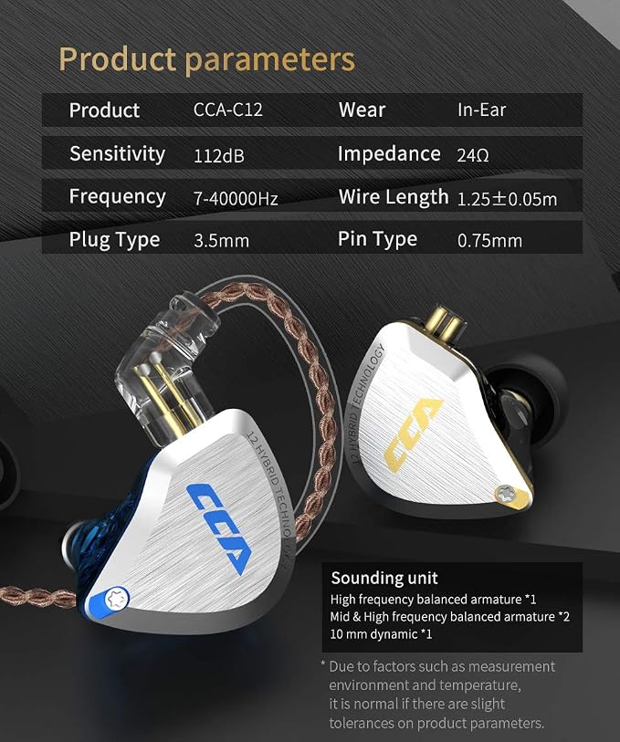 CCA C12 in Ear Monitor Headphones 5BA 1DD Hybrid HiFi Gaming IEM Earphones Noise Isolating Stereo Wired Earbuds for Musicians Audiophile Singers DJ（with mic）