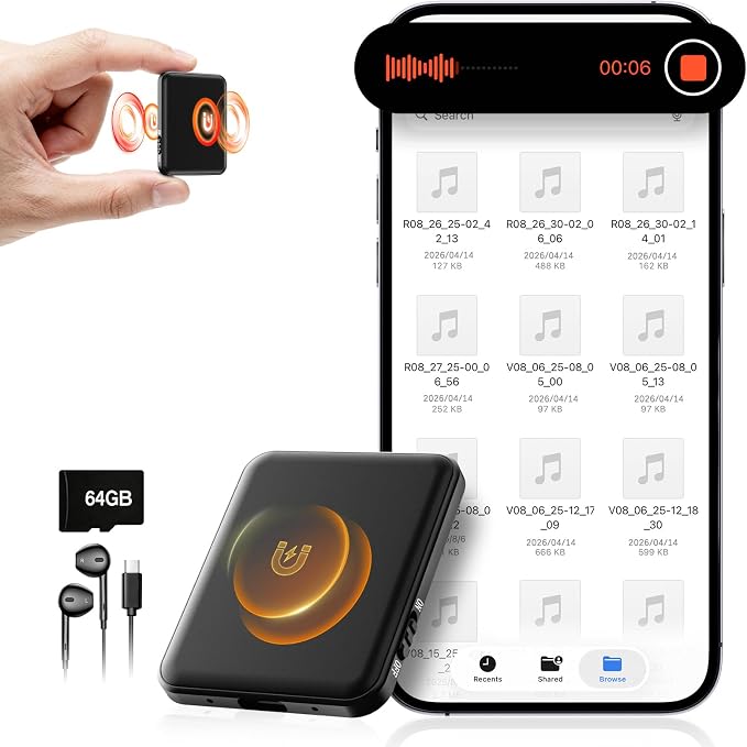 Voice Activated Recorder 64GB - Double-Sided Magnetic Voice Recorder with AI Noise Reduction, Holds 6000 Hours of Audio, Recording Device for Lectures, Meetings and Interviews