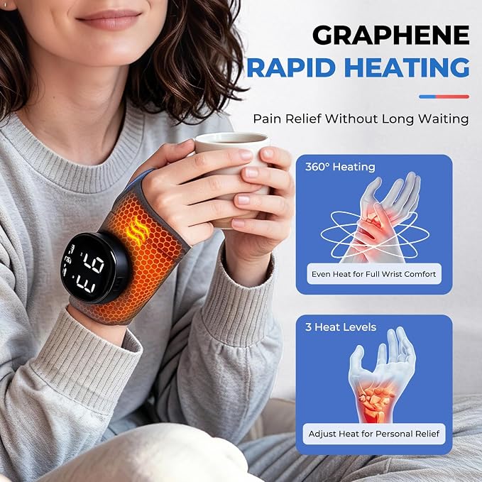 Hand Massager with Heat, Cordless Wrist Supports Brace - Relief for Carpal Tunnel, Arthritis & Tendonitis, Left/Right Hand, Gray, M