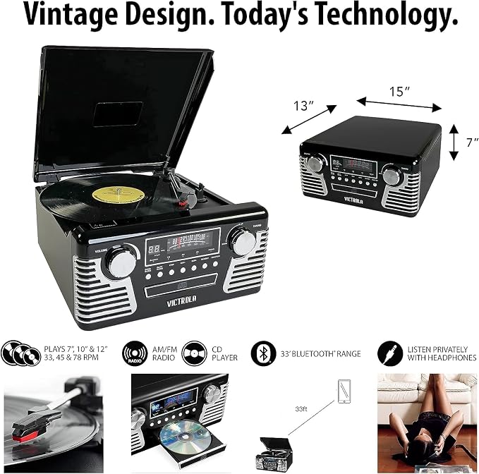 Victrola Haley Retro Bluetooth Record Player & Multimedia Center with Built-in Speakers - 3-Speed Turntable, CD Player, AM/FM Radio, 3.5mm Aux-In, Wireless Music Streaming, Blue