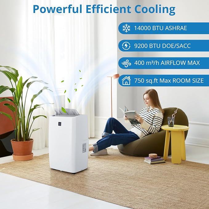 14K BTU Portable Air Conditioners, Cools up to 750 Sq. Ft 3-in-1 Movable AC for Room with Dehumidifier Fan Sleep Mode, 24H Timer, Remote Control, and Window Installation Kit Included