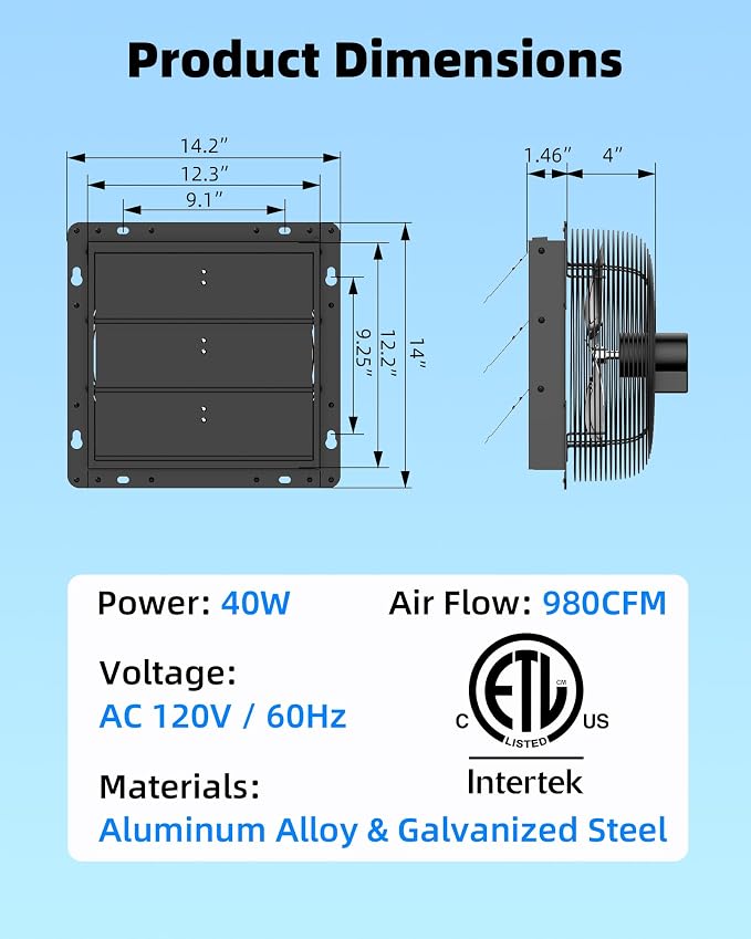 8'' Upgraded Shutter Exhaust Fan with Thermostat & Remote, 760 CFM Wall Mounted Attic Exhaust Fan, Auto On/Off by Temperature for Garage, Greenhouses, Chicken Coops & Basement, 2 Packs