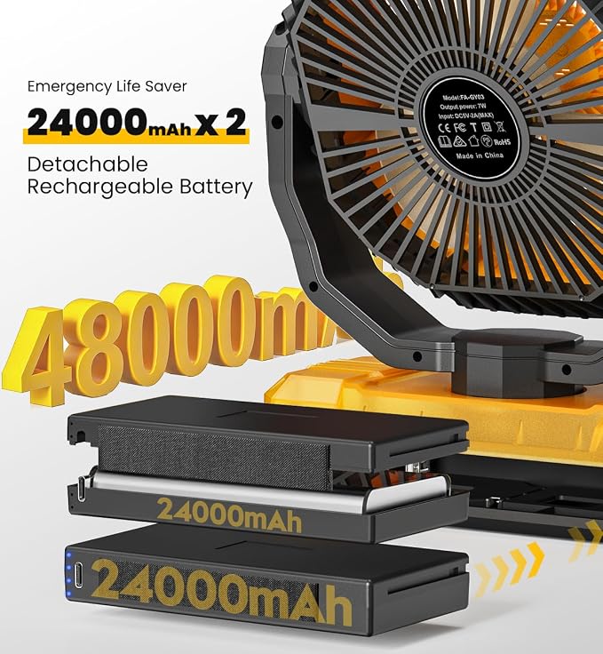 Rechargeable Fan with Detachable Battery - 48000mAh(127H Working) Camping Fan Portable, Battery Powered Fans with Hook, Timers, Ventilador Recargable for Tent, Travel, Gifts for Men Dad, Yellow