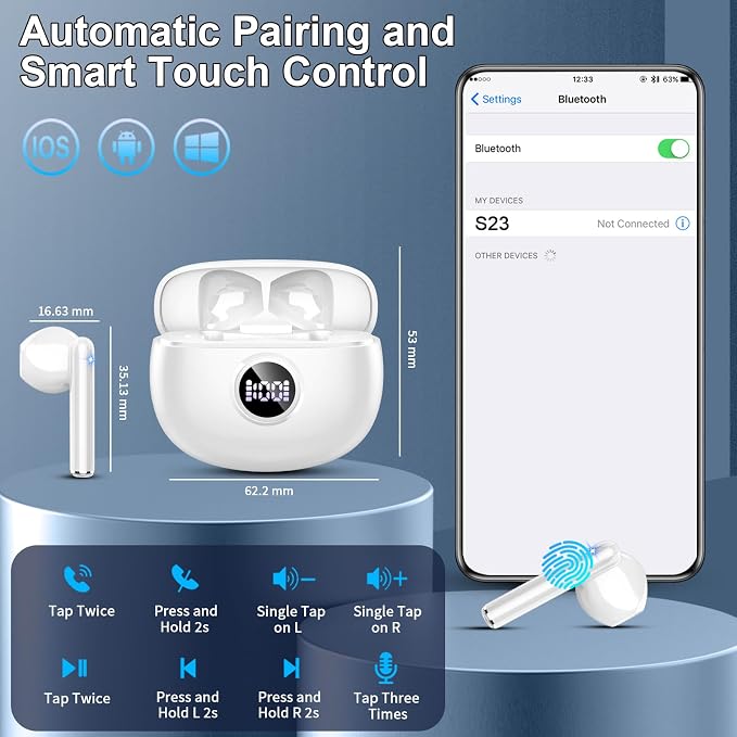 Wireless Earbuds, Bluetooth Headphones, Stereo Bass Ear Buds with ENC Noise Cancelling Mics, Bluetooth Earbuds with LED Display Charging Case, IP7 Waterproof Earphones for Android iOS/Light white