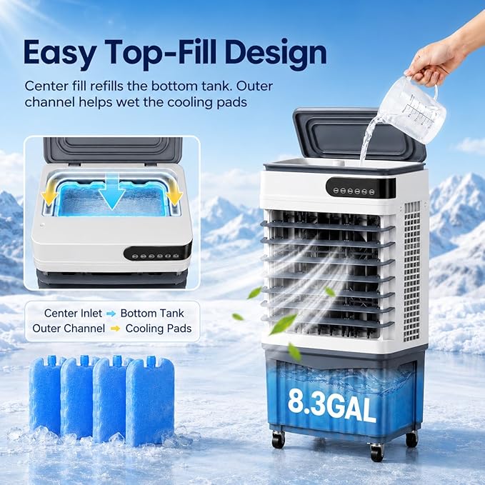 2800CFM Swamp Cooler, Portable Evaporative Air Cooler with 8.3 Gal Water Tank, 4 Ice Packs, 120° Oscillation, 3 Speeds & Modes, 12H Timer, Remote Cooling Fan for Large Room Garage